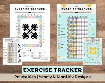 May include: Printable exercise tracker sheets with a monthly and yearly design. The monthly sheet features a colorful circle design with a dumbbell icon. The yearly sheet features a grid with a colorful design and a sun icon.