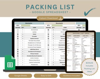 May include: A Google Sheets spreadsheet template for packing lists. The spreadsheet is divided into three sections: Electronics, Documents, and Packed. Each section has a column for "Packed", "QTY", and "Item". The spreadsheet also includes a bonus section with packing list ideas.