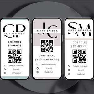 May include: Three digital business cards with black and white initials and text. The cards have a QR code, phone, email, and website information. The cards are displayed on a smartphone screen.