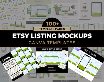 Puede incluir: Una imagen de maqueta digital con múltiples plantillas para listados de Etsy. La imagen incluye maquetas de teléfonos, tabletas y ordenadores. El texto de la imagen dice "Etsy Listing Mockups Canva Templates" y "100+ Template Pages".