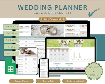 May include: A Google Spreadsheet wedding planner template with 7 sheets. The template includes sections for guest list, seating plan, timeline, tasks, and budget. The image shows a screenshot of the spreadsheet with a wedding ring image in the background.
