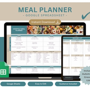 Könnte beinhalten: Eine Google Sheets-Spreadsheet-Vorlage für die Meal Planning. Die Vorlage enthält einen monatlichen Meal Planner und eine automatisierte Einkaufsliste. Das Bild zeigt einen Laptop-Bildschirm, auf dem die Spreadsheet angezeigt wird, und einen Tablet-Bildschirm, auf dem die Einkaufsliste angezeigt wird. Die Spreadsheet ist mit "Monatlicher Meal Planner" betitelt und die Einkaufsliste mit "Einkaufsliste".