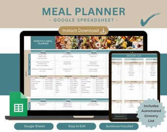 May include: A Google Sheets spreadsheet template for meal planning. The template includes a monthly meal planner and an automated grocery list. The image shows a laptop screen displaying the spreadsheet and a tablet screen displaying the grocery list. The spreadsheet is titled "Monthly Meal Planner" and the grocery list is titled "Grocery List".