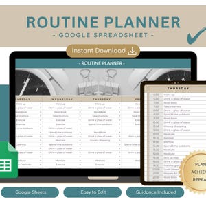 Puede incluir: Una plantilla de hoja de cálculo de Google Sheets para un planificador de rutina diaria. La plantilla se muestra en la pantalla de una computadora portátil y una tableta. La tableta muestra un ejemplo de rutina diaria para el jueves, con tareas enumeradas por hora, que incluyen despertarse, beber un vaso de agua, leer un libro, hacer ejercicio, meditar y cocinar la cena. El texto "PLAN. ACHIEVE. REPEAT." se muestra en un círculo dorado en la tableta.