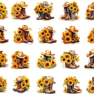 20+ stivali da cowgirl e girasole acquerello PNG uso commerciale Clip Art, PNG clipart occidentale, clipart girasole, artigianato fai da te, cowboy di campagna Png