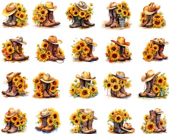 20+ stivali da cowgirl e girasole acquerello PNG uso commerciale Clip Art, PNG clipart occidentale, clipart girasole, artigianato fai da te, cowboy di campagna Png