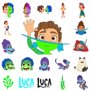 May include: A collection of colorful cartoon stickers featuring a boy with blue and green hair, a boy with a green mask, a girl with brown hair, a girl with red hair, a cat, and a variety of sea creatures. The stickers are perfect for adding a touch of whimsy to any project.