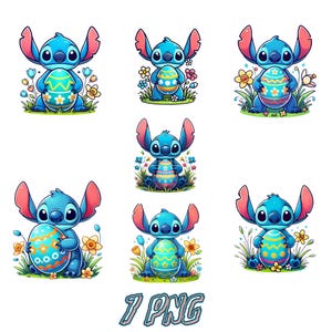 7 Stitch Ostern PNG, Pastell Bunny Stitch Designs, Cute Stitch mit Eiern Clipart, Frühling Digitale Kunst, ideal für Kunsthandwerk und Geschenke