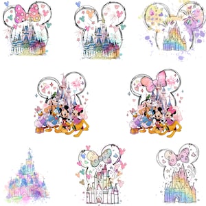 Bundel aquarel kasteel png, muisoor kasteel png, retro kleurrijk kasteel png, sublimatie ontwerp png, Magic Kingdom png, Instant Download
