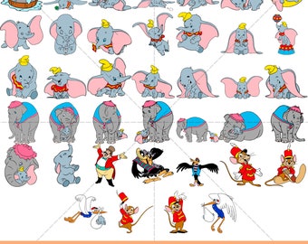 May include: A set of 200 digital files featuring various illustrations of Dumbo the elephant from Disney's animated film. The illustrations include Dumbo flying, Dumbo with his mother, Dumbo with the crows, and Dumbo with the circus performers. The files are available in PNG, SVG, DXF, PDF, and EPS formats.
