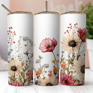 Seamless Spring Wildflowers Vibrant Colors Watercolour-like 20 oz Skinny Tumbler Wrap For Sublimation | Sublimation Floral Design Seamless