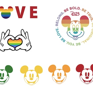 May include: A rainbow-colored Mickey Mouse head with the text "BE YOU. BE LOVE. BELONG. BE BOLD. BE TRUE. BE ORIGINAL." surrounding it. The text "D23" is also included in the circle. Below the circle are four Mickey Mouse heads in different colors: green, yellow, orange, and red.