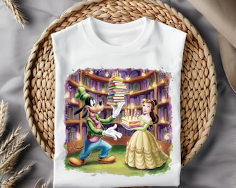 Belle and Goofy Library Adventure Clipart, Cute Book-Themed Birthday PNG, Digital Illustration, Instant Download