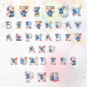 Stitch Birthday Alphabet PNG, Cute Cartoon Font Clipart, Digital Letters & Numbers, Printable Blue Alien Font for Sublimation and Crafts