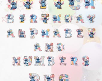 Stitch Birthday Alphabet PNG, niedliche Cartoon Schrift Clipart, digitale Buchstaben und Zahlen, druckbare blaue Alien-Schrift für Sublimation und Kunsthandwerk