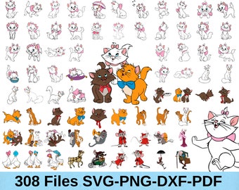 Puede incluir: Una colección de 308 archivos de corte digital que presentan varias ilustraciones de un gato de dibujos animados, incluyendo un gato blanco con un lazo rosa, un gato marrón con un lazo azul y un gato naranja con un lazo azul. Los archivos están disponibles en los formatos SVG, PNG, DXF y PDF.
