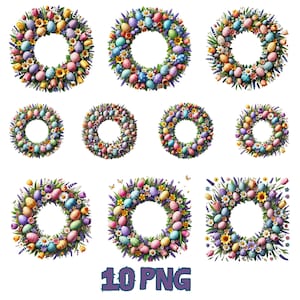 10 Easter Egg Wreath PNG, Floral Pastel Wreath Designs, Spring Greenery Clipart, Elegant Easter Art for Crafts & Sublimation