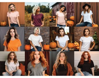 Halloween Mockup Bundle T-Shirt Mockup Bundle, Sweatshirt, White, Black, Sand, Bella Canvas Bundle 3001, 3001Y, 3001T, Pumpkin, Bats Cowgirl