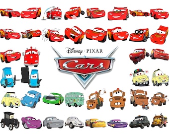 Può includere: Una collezione di illustrazioni di auto dei cartoni animati con i personaggi del film Disney Pixar "Cars". L'immagine include varie auto da corsa rosse, un camion dei pompieri rosso e altri veicoli di diversi colori. Il logo "Cars" è ben visibile.