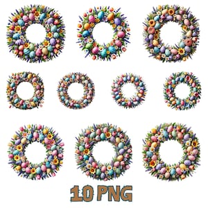 10 Easter Wreath PNG, Floral Pastel Egg Wreath Clipart, Spring Greenery Designs, Decorative Easter Art for Crafts & Sublimation