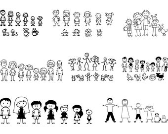 May include: A set of black and white stick figure family decals. The decals feature different family configurations, including parents, children, pets, and grandparents. The decals are perfect for adding a personal touch to any home.