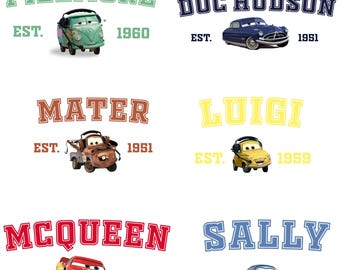 Cars Character Retro Name Designs, McQueen Mater Luigi Sally Png Set
