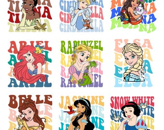 Princess Retro Typography Bundle PNG, Fairy Tale Character Art, Instant Download