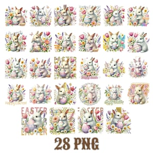 28 Cute Easter Bunny PNG, Floral Spring Rabbit Clipart, Pastel Bunny with Easter Eggs, Spring Flowers, Happy Easter Digital Art Pack