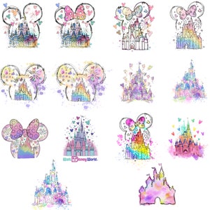 Bundel aquarel kasteel png, muisoor kasteel png, retro kleurrijk kasteel png, sublimatie ontwerp png, Magic Kingdom png, Instant Download
