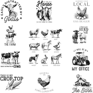 農場の動物 12 PNG バンドル | クリップアート シルエット | 鶏、牛、ロバ、羊、雄牛、馬、豚 | Cricut 用ファイル | デジタル ダウンロード