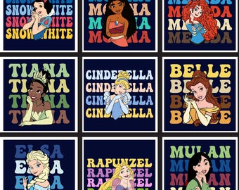 Princess Retro Name Art Bundle, Magical Girls PNG Set for Shirts Crafts