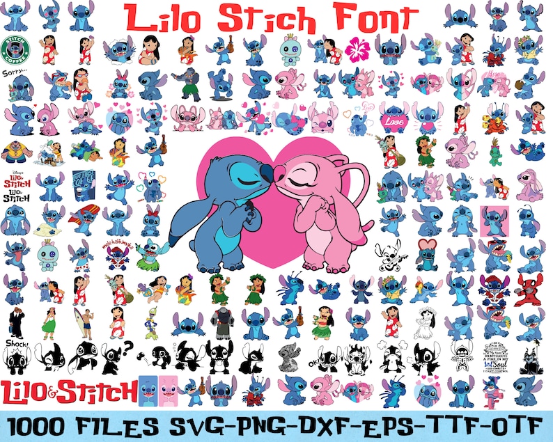 Op de afbeelding: Een verzameling van 1.000 digitale bestanden met verschillende illustraties van Stitch en Lilo uit de Disney-film Lilo & Stitch. De bestanden zijn beschikbaar in de formaten SVG, PNG, DXF, EPS, TTF en OTF. De illustraties tonen Stitch en Lilo in verschillende poses en uitdrukkingen, evenals andere personages uit de film.