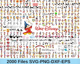 May include: A large collection of 2000 Mickey Mouse and Minnie Mouse SVG, PNG, DXF, and EPS files. The images feature various poses and expressions of Mickey and Minnie Mouse, including Mickey Mouse as a wizard, Mickey Mouse with a red and yellow hat, and Minnie Mouse with a pink bow.