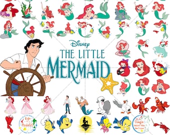 Puede incluir: Un conjunto de clipart digital con personajes de La Sirenita de Disney. El conjunto incluye a Ariel, el príncipe Eric, Sebastián, Flounder, Úrsula y muchos más. El texto "Disney La Sirenita" aparece en el centro de la imagen. El conjunto incluye 150 archivos en formatos PNG, SVG, DXF y EPS.