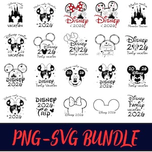 May include: A collection of black and white Disney-themed designs, including Mickey Mouse ears, castle silhouettes, and text that reads "Disney 2026 Family Vacation." The designs are suitable for various crafting projects.