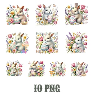 Cute Easter Bunny PNG, Floral Spring Rabbit Clipart, Pastel Bunny with Easter Eggs, Spring Flowers PNG, Happy Easter Digital Art