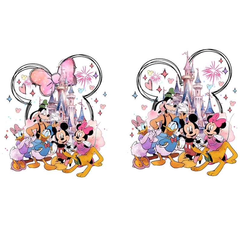 May include: A colorful illustration of Mickey Mouse, Minnie Mouse, Donald Duck, Goofy, and Pluto in front of a pink and blue castle. The characters are all smiling and waving. The castle is surrounded by fireworks and stars.
