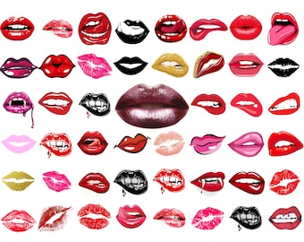 May include: A collection of 40 different lip illustrations in various colors, styles, and expressions. The lips are drawn in a cartoon style and are perfect for use in digital art, scrapbooking, or other creative projects.