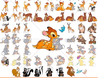 May include: A collection of 244 digital files featuring various illustrations of Bambi and his friends. The illustrations include Bambi, Thumper, Flower, and other characters from the Disney movie Bambi. The files are in PNG, SVG, DXF, and PDF formats.