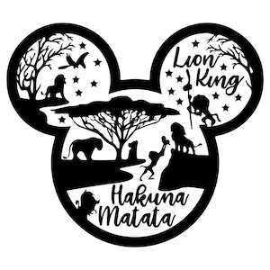 May include: Black and white silhouette of a Mickey Mouse head with a Lion King theme. The image includes a lion, a monkey, a zebra, and a giraffe. The text "Lion King" and "Hakuna Matata" are included in the image.