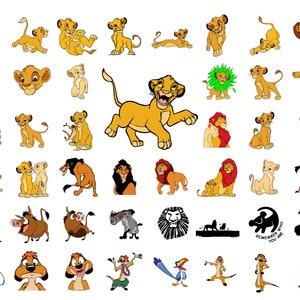 May include: A collection of cartoon lion characters from the Disney movie The Lion King. The characters are in various poses and expressions, including Simba, Mufasa, Scar, Nala, and Pumbaa. The characters are all yellow, orange, and brown.