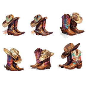 Cowboy Boots and Hat Clipart PNG Cowgirl Boots Clip Art Commercial Use Western Boots Scrapbook Watercolor Sublimation Design Junk Journal