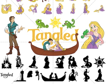 May include: A set of digital clipart featuring the characters Rapunzel and Flynn Rider from the Disney movie Tangled. The clipart includes images of the characters in various poses, as well as images of the characters' hair, a chameleon, a sun, and a boat. The clipart is available in PNG, JPG, SVG, DXF, PDF, and EPS formats.