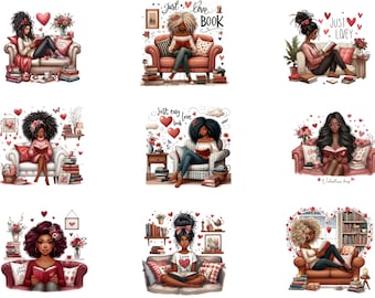 Afro Girl Reading Clipart | Melanin Book Lover PNG for Sublimation Designs, Junk Journal, Planner Stickers,Reading Books PNG,Library Clipart