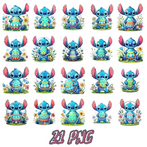 21 Stitch Easter PNG, Adorable Stitch Bunny Designs, Frühling Blumen Clipart, Pastell Eier Digital Art, ideal für Kunsthandwerk & Sublimation