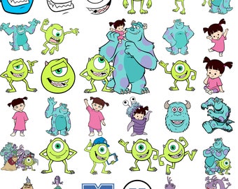 May include: A collection of colorful cartoon characters from the movie Monsters Inc. The characters include Sully, Mike, Boo, and other monsters. The characters are in various poses and expressions.