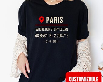 Personalized Coordinates Shirt, Custom Location Tee, Where We Met Gift, Anniversary Couples T-Shirt, Travel Memory Landmark Outfit