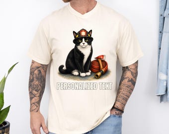 Comfort Colors® Personalized Tuxedo Firefighter Cat Shirt, Custom Fire Rescue Kitty Tee, Black And White Hero Gift Top