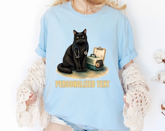 Personalized Black Cat Vet Tech Shirt, Custom Veterinary Assistant Kitty Tee, Animal Hospital Name Gift Top, Co-worker Thank You Clinic Tee