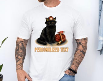 Personalized Black Firefighter Cat Shirt, Custom Fire Rescue Kitty Tee, Midnight Cat Hero Gift Top, Rescuer Squad Celebration T-Shirt